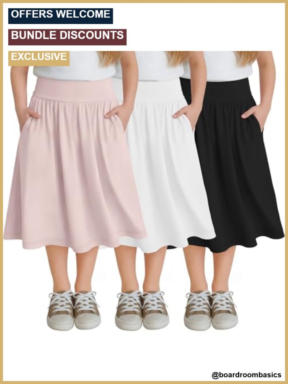 Girls 3 Pack Knee Length Pleated Stretch Skirts